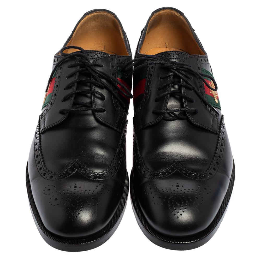 Gucci Black Brogue Leather Bee Web Detail Lace Up Derby Size 44 2