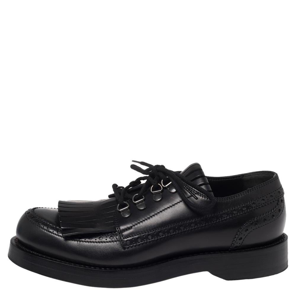 Men's Gucci Black Brogue Leather Fringe Lace Up Derby Size 41