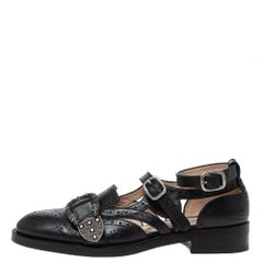 Gucci Black Brogue Leather Queercore Ankle Strap Flats Size 39.5