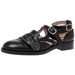 Gucci Black Brogue Leather Queercore Ankle Strap Flats Size 39.5