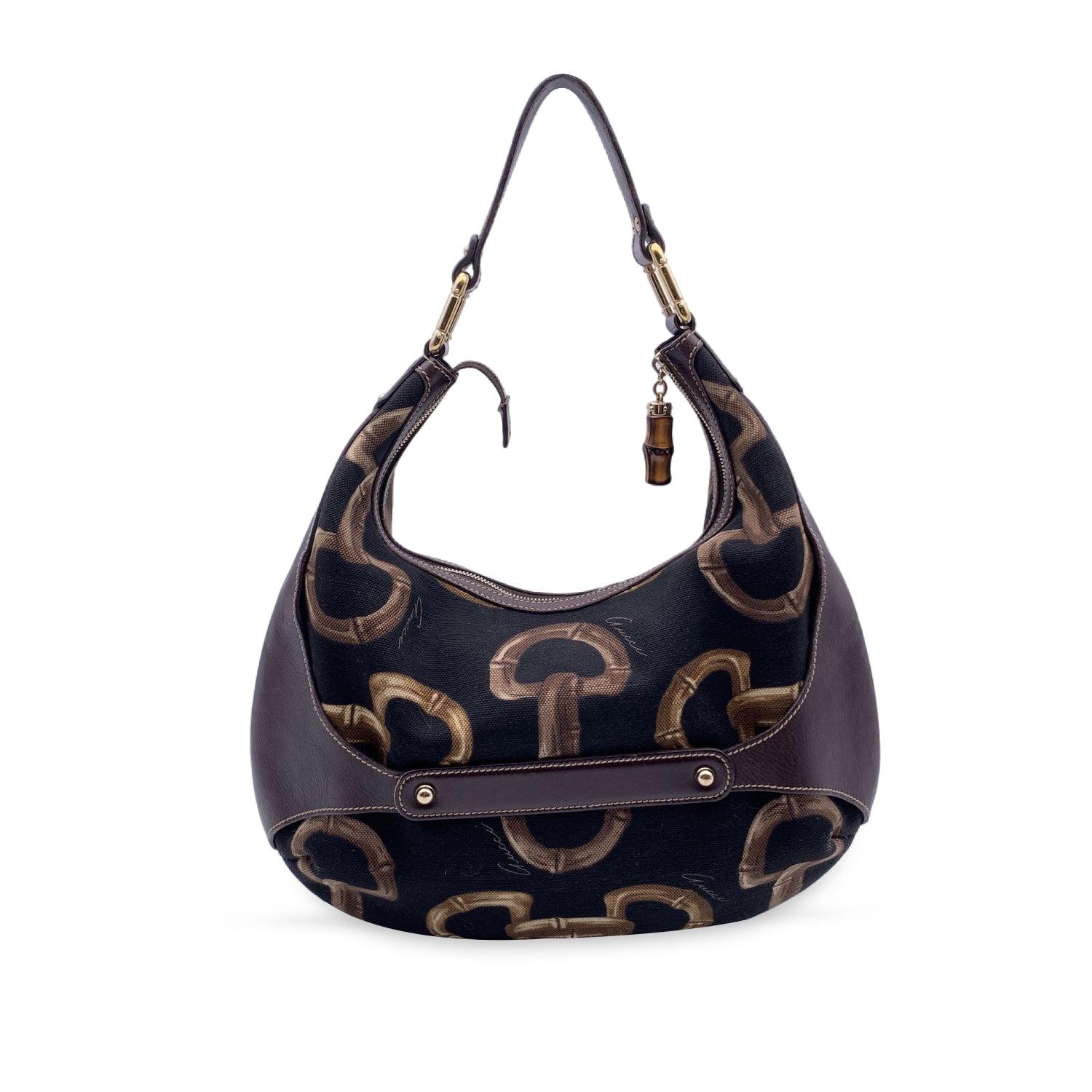 Gucci Black Brown Canvas Bamboo Horsebit Amalfi Hobo Bag In Excellent Condition In Rome, Rome