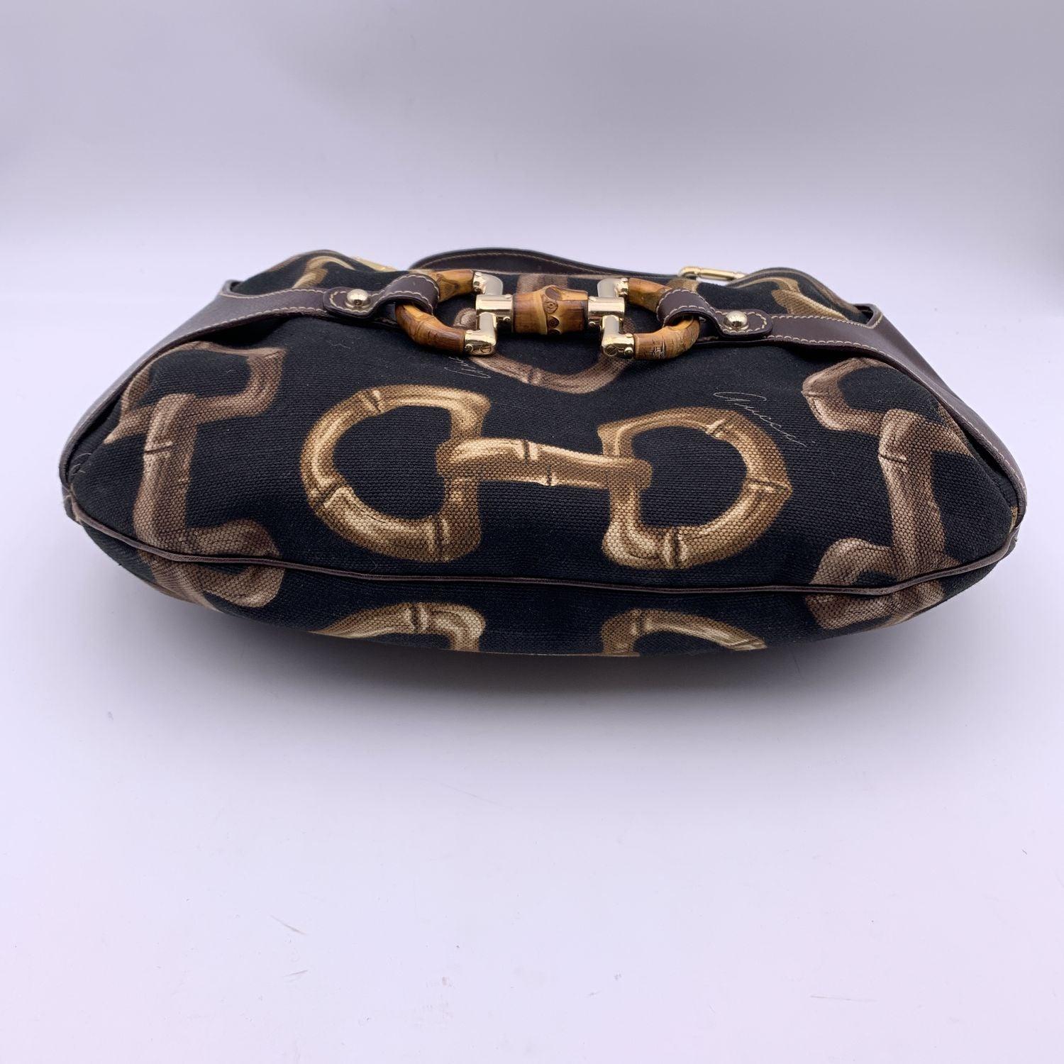 Women's Gucci Black Brown Canvas Bamboo Horsebit Amalfi Hobo Bag