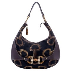 Used Gucci Black Brown Canvas Bamboo Horsebit Amalfi Hobo Bag