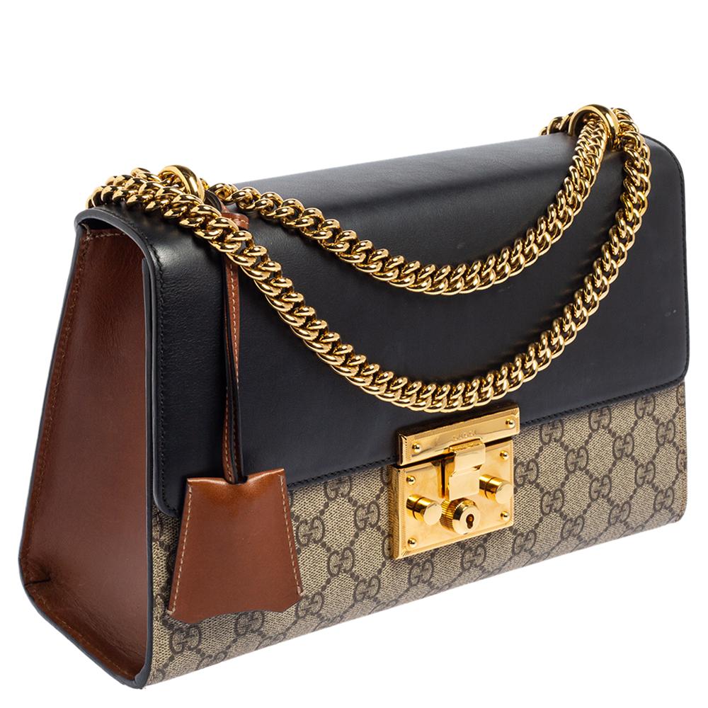 Women's Gucci Black/Brown GG Supreme Canvas and Leather Medium Padlock Shoulder Bag