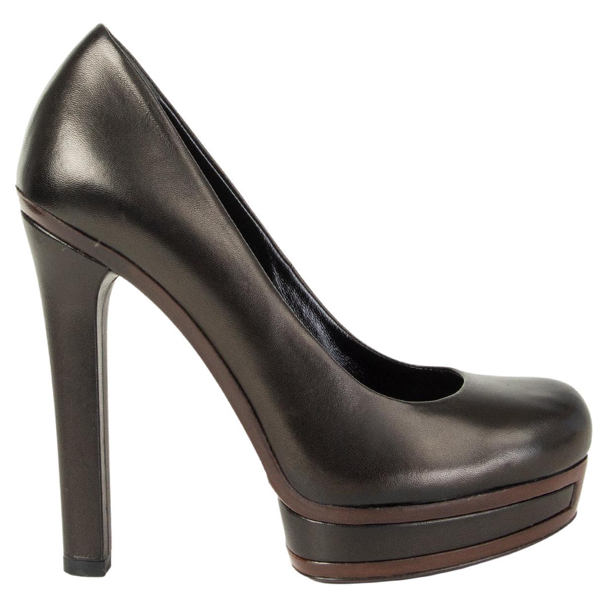 GUCCI black & brown leather Platform Pumps Shoes 35.5