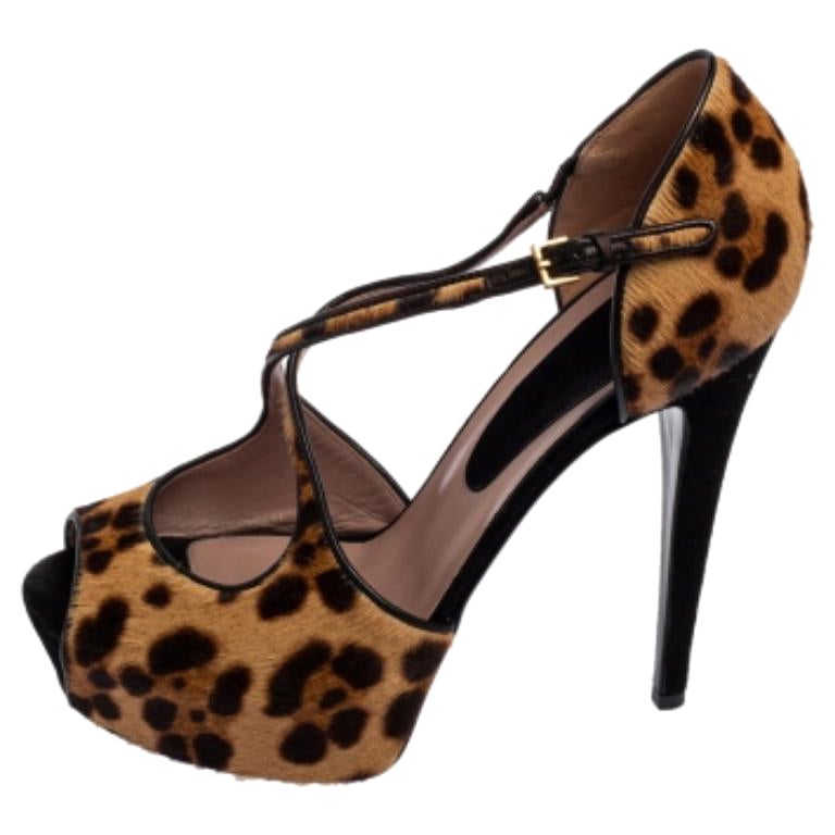 Gucci Black/Brown Leopard Print Pony Hair Platform Peep Toe Sandals Size 39