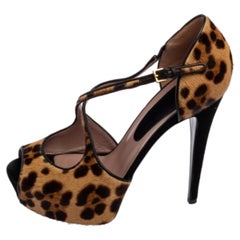 Gucci Black/Brown Leopard Print Pony Hair Platform Peep Toe Sandals Size 39
