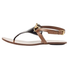 Gucci Black/Brown Patent and Leather Horsebit Thong Flat Sandals Size 38.5