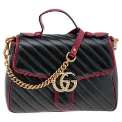 Gucci Black/Burgundy Quilted Leather GG Marmont Top Handle Bag