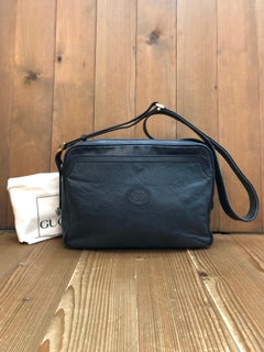 1980s Vintage GUCCI Floral Embossed Leather Camera Bag Unisex Mens Navy