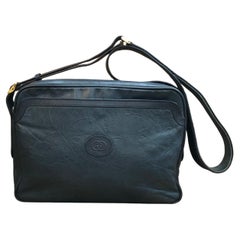 1980s Retro GUCCI Floral Embossed Leather Camera Bag Unisex Mens Navy