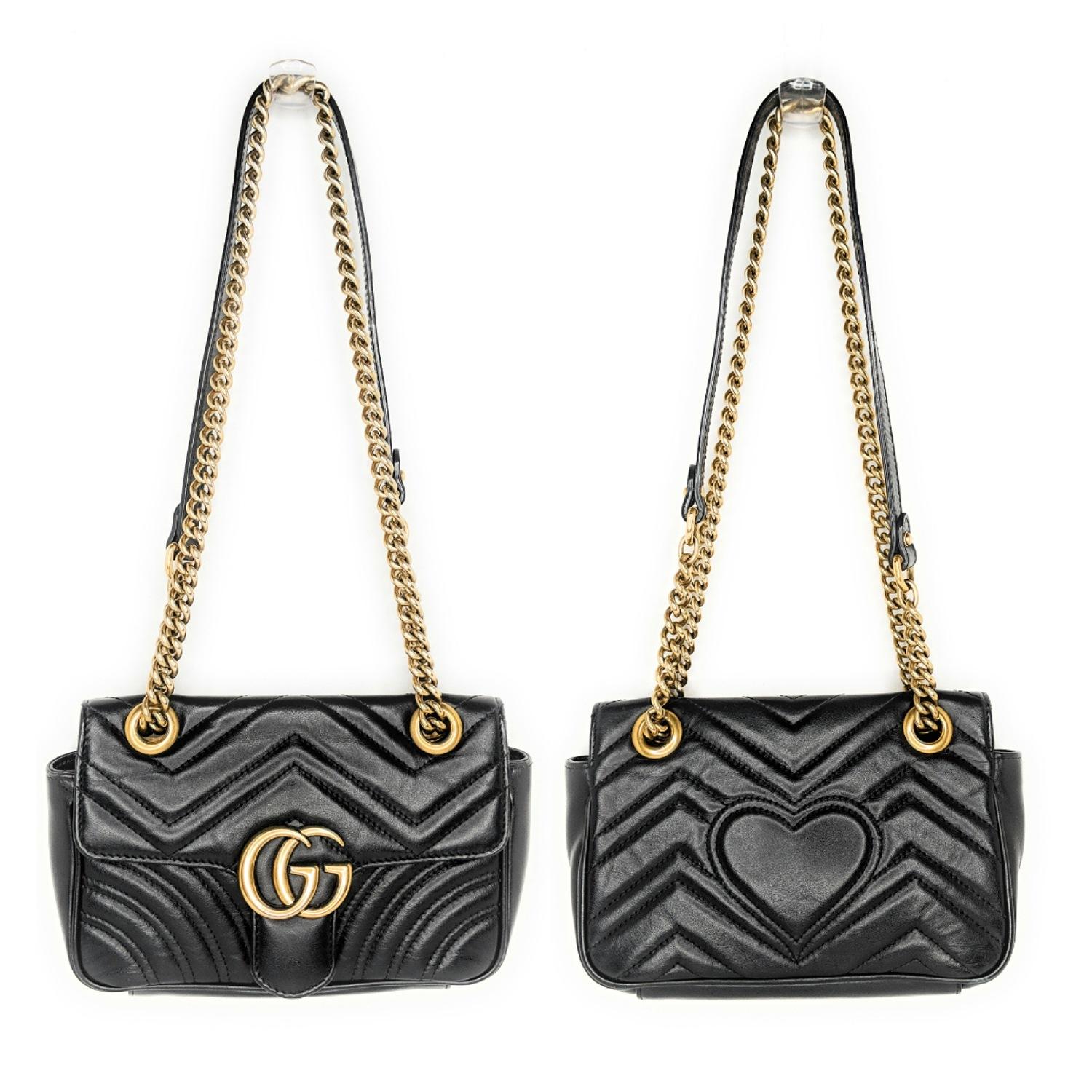 The mini GG Marmont flap bag has a softly structured shape and a flap closure with Double G hardware. The sliding chain strap can be worn multiple ways, changing between a shoulder and a top handle bag. Made in matelassé chevron leather with a heart