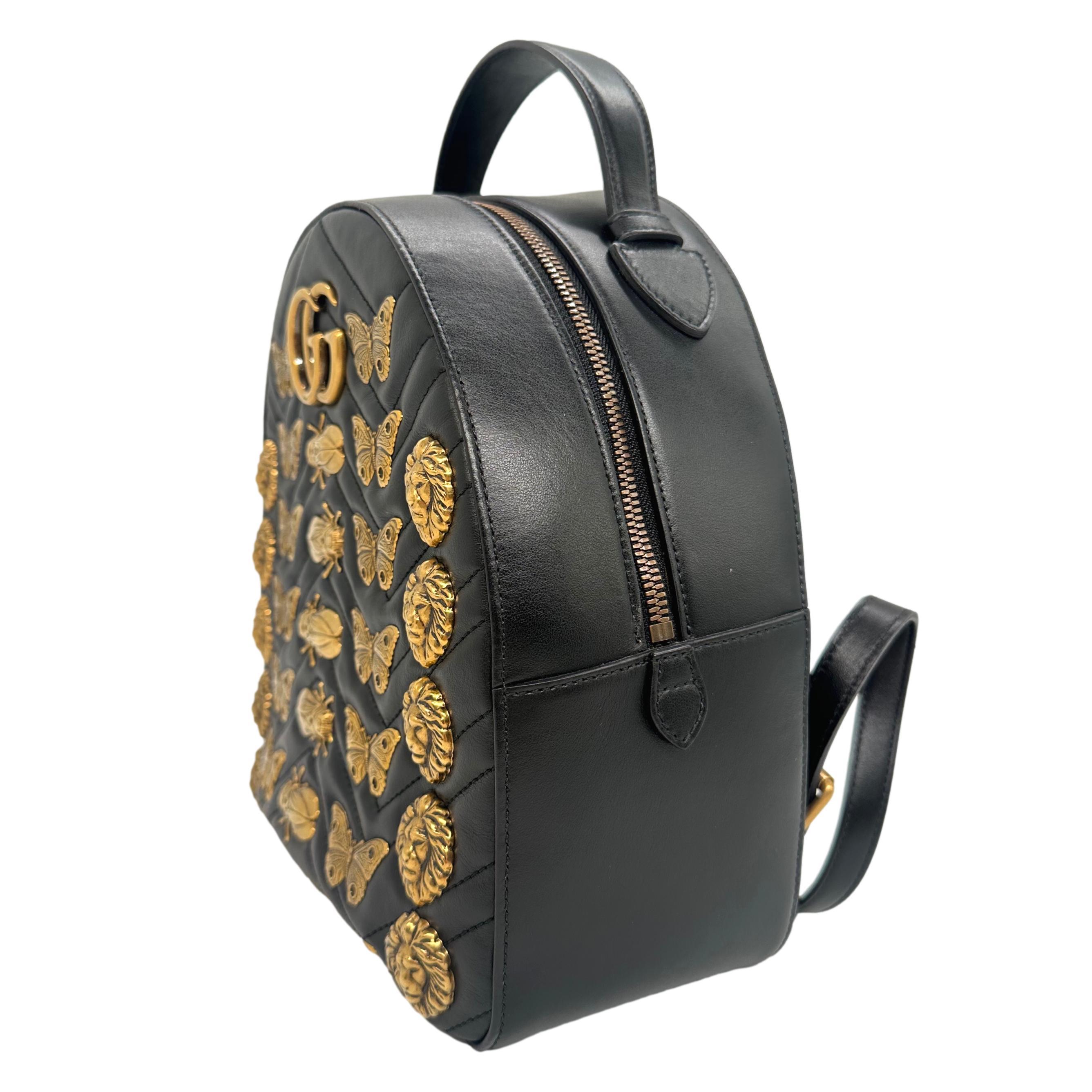 Gucci Black Calfskin Matelassé Leather Animal Studded GG Marmont Backpack, 2017. In Excellent Condition For Sale In Banner Elk, NC