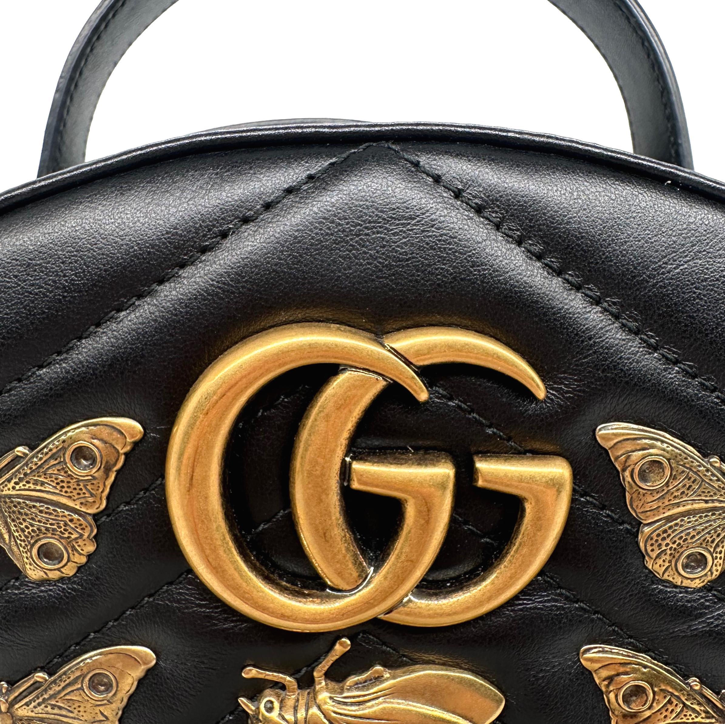 Gucci Black Calfskin Matelassé Leather Animal Studded GG Marmont Backpack, 2017. For Sale 4