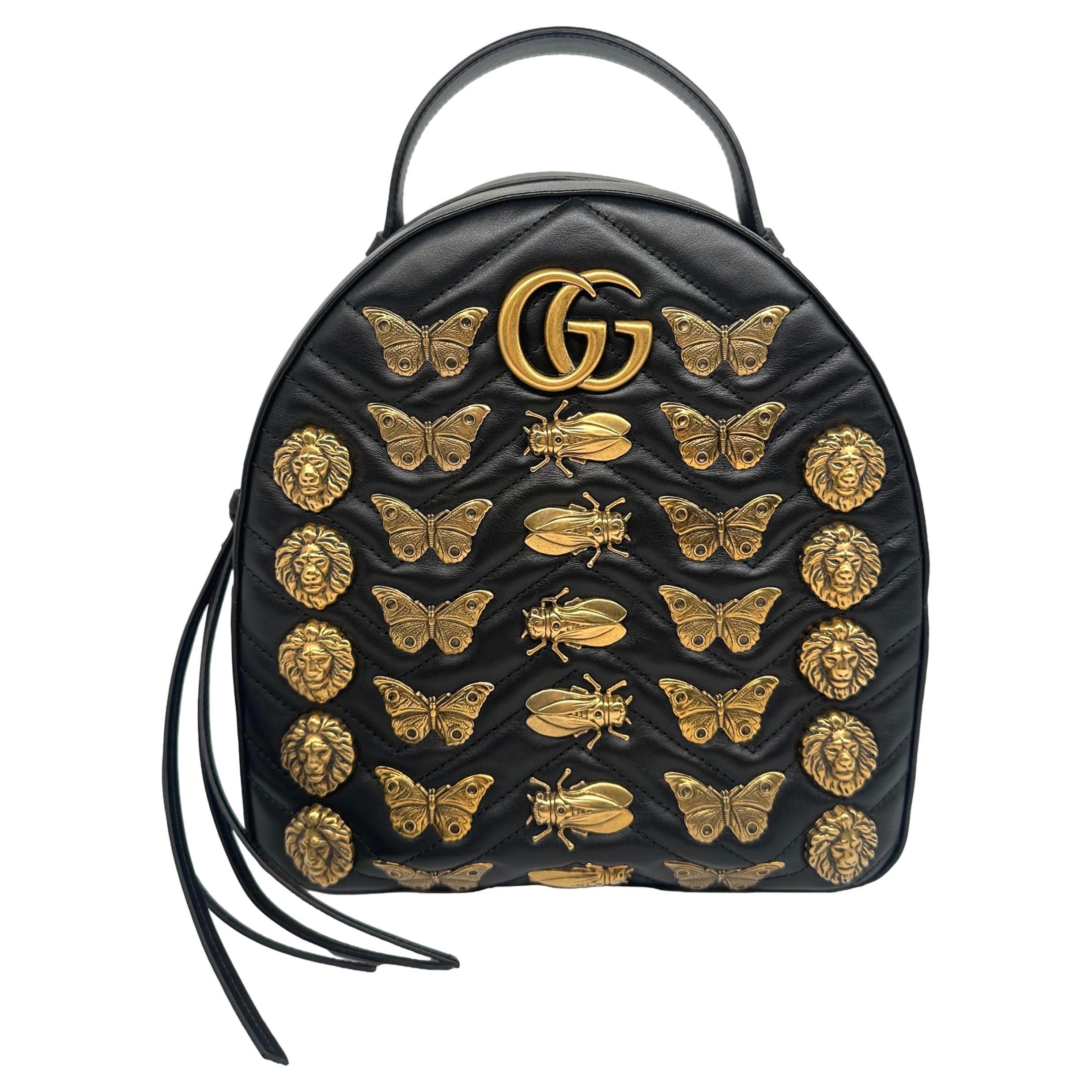Gucci Black Calfskin Matelassé Leather Animal Studded GG Marmont Backpack, 2017. For Sale