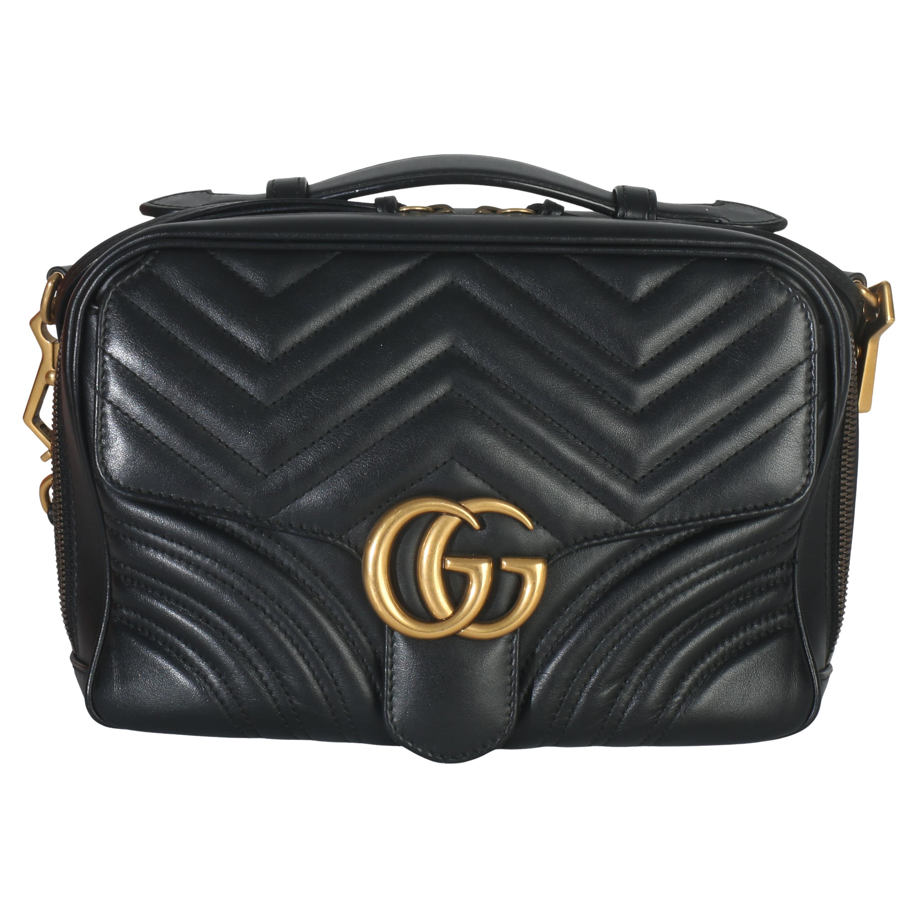 Gucci Black Calfskin Matelasse Sylvie Web Small GG Marmont Top Handle Bag