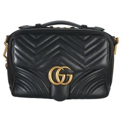 Gucci Black Calfskin Matelasse Sylvie Web Small GG Marmont Top Handle Bag