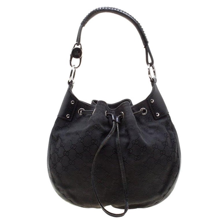 Gucci Black Canvas and Leather Drawstring Hobo For Sale at 1stDibs