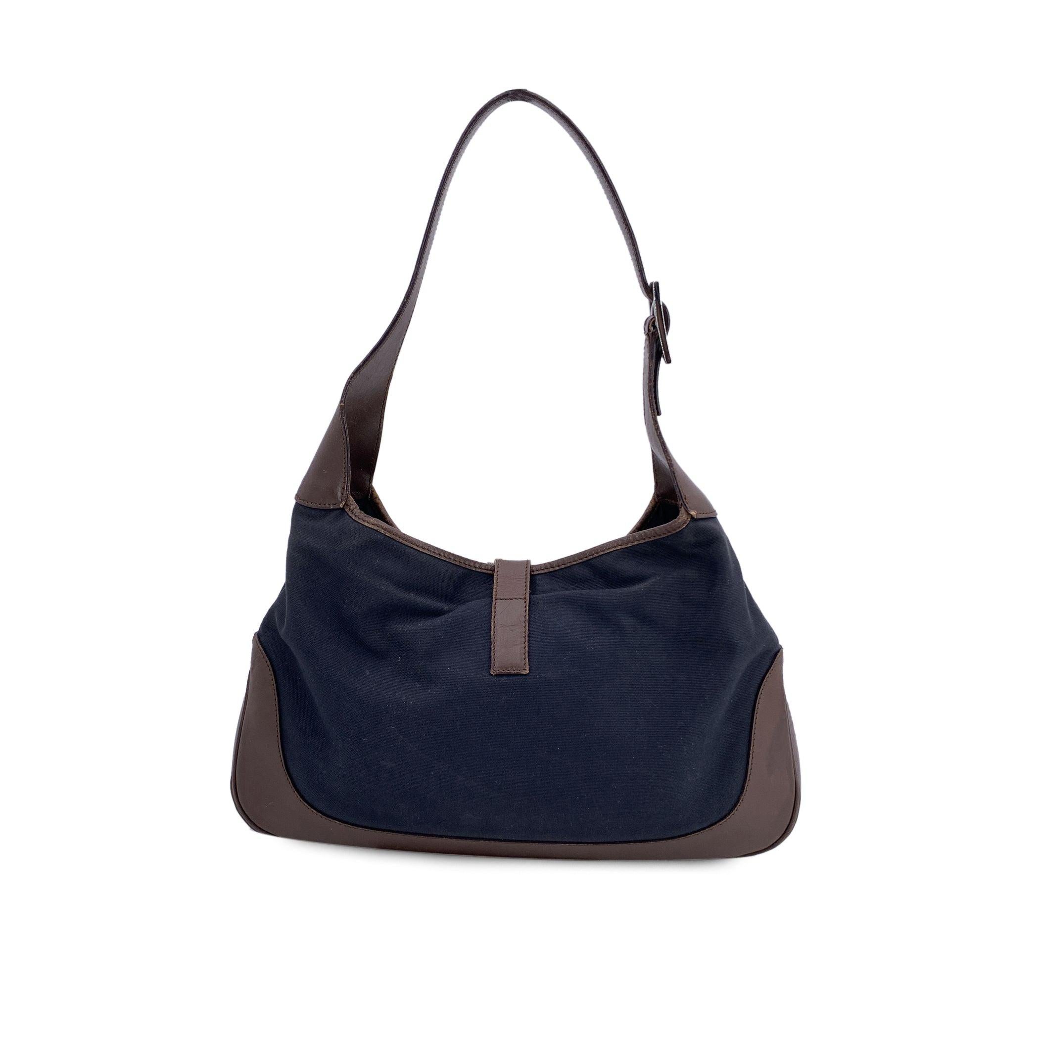 Gucci Black Canvas Brown Leather Jackie Hobo Bag Handbag In Good Condition For Sale In Rome, Rome