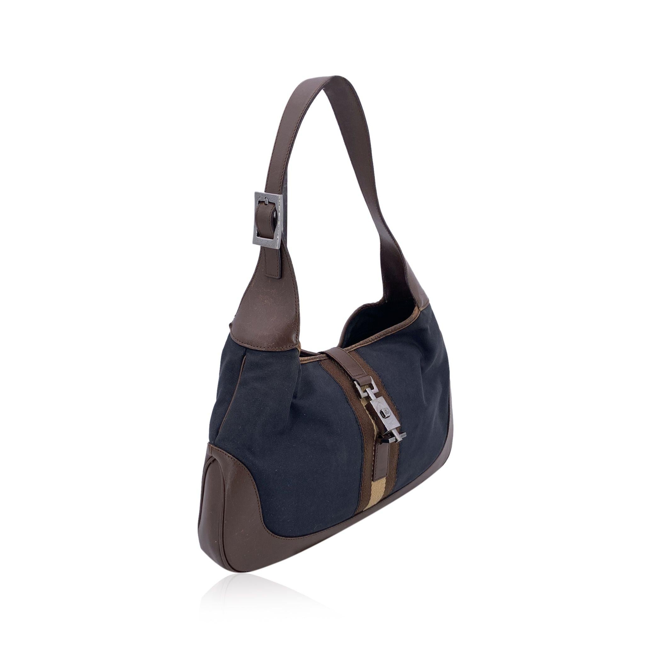 Gucci Black Canvas Brown Leather Jackie Hobo Bag Handbag For Sale 3