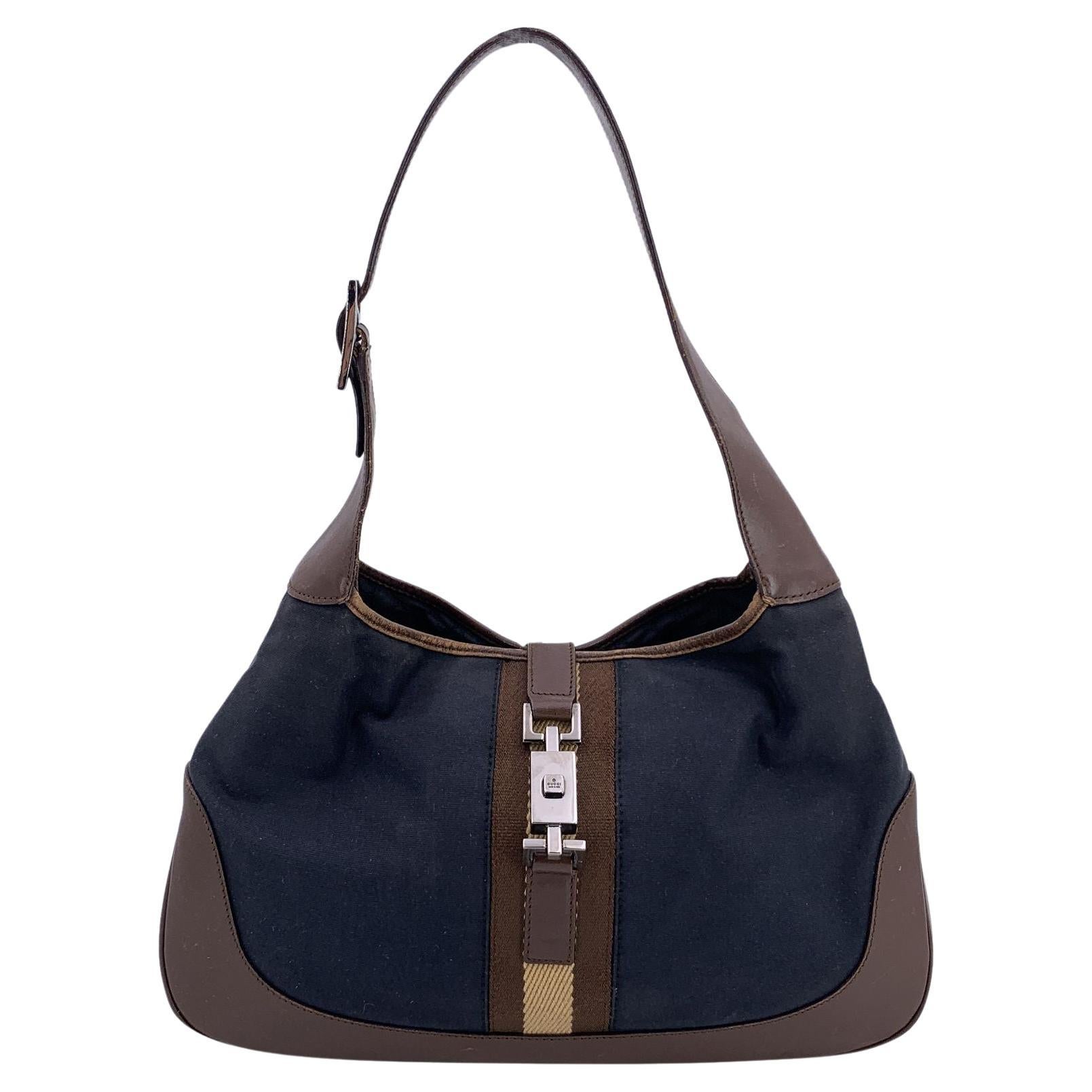 Gucci Black Canvas Brown Leather Jackie Hobo Bag Handbag For Sale