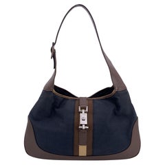 Gucci Black Canvas Brown Leather Jackie Hobo Bag Handbag