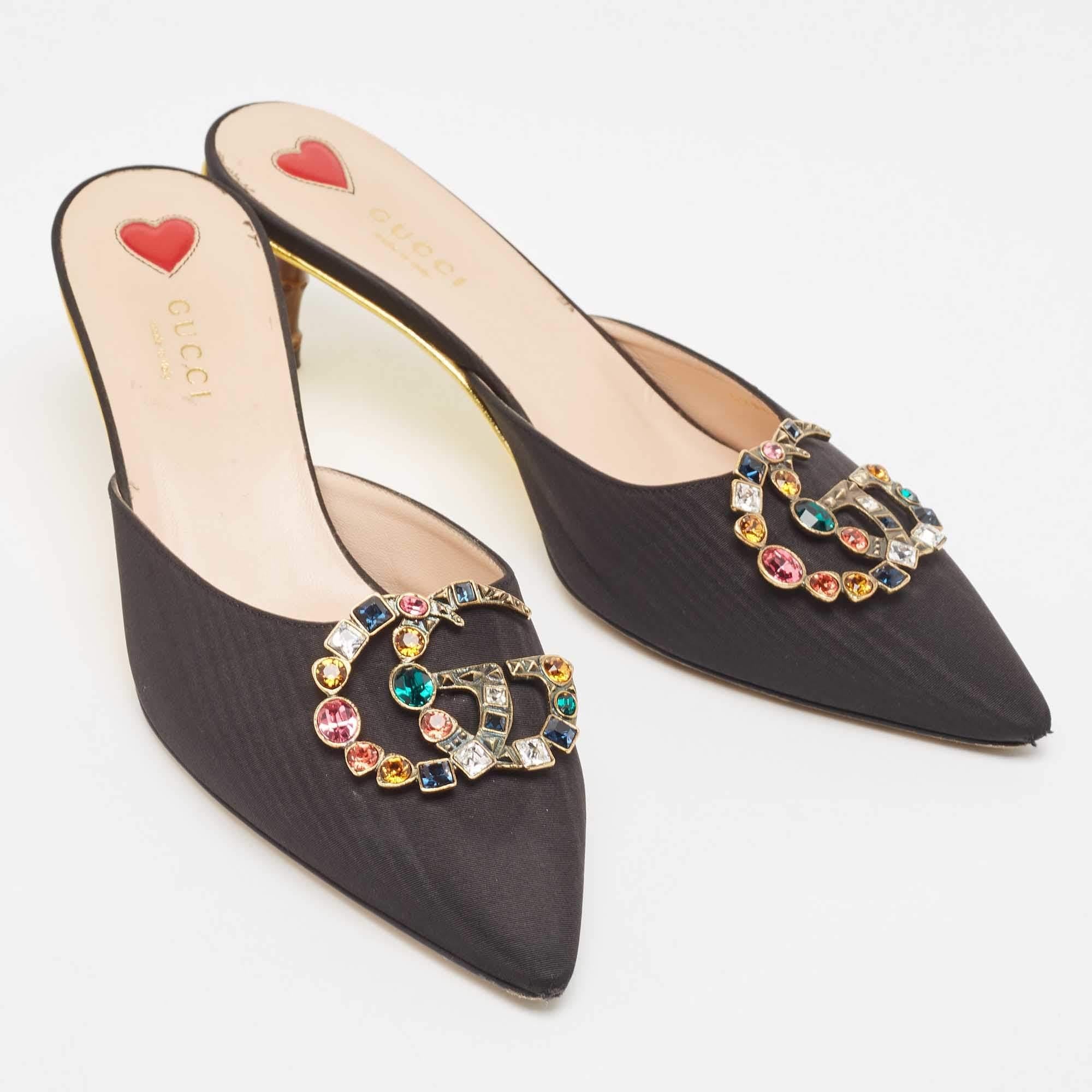 Gucci Black Canvas Crystal Embellished Unia Mule Sandals Size 38 In Good Condition For Sale In Dubai, Al Qouz 2
