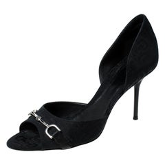 Gucci Black Canvas Horsebit D'Orsay Peep Toe Pumps Size 38.5