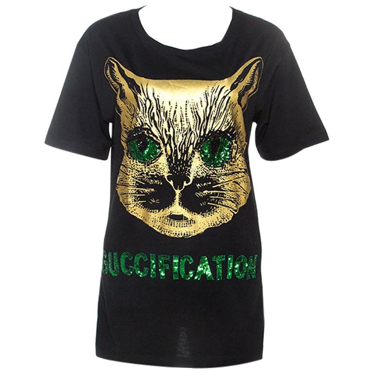Gucci Black Cat Print Sequin Detail Guccification TShirt XS at 1stDibs
