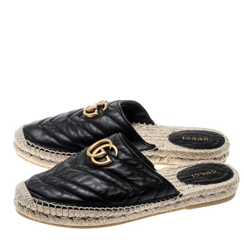 Gucci Black Chevron Quilt Leather Double G Flat Espadrilles Slides Size 37.5 3