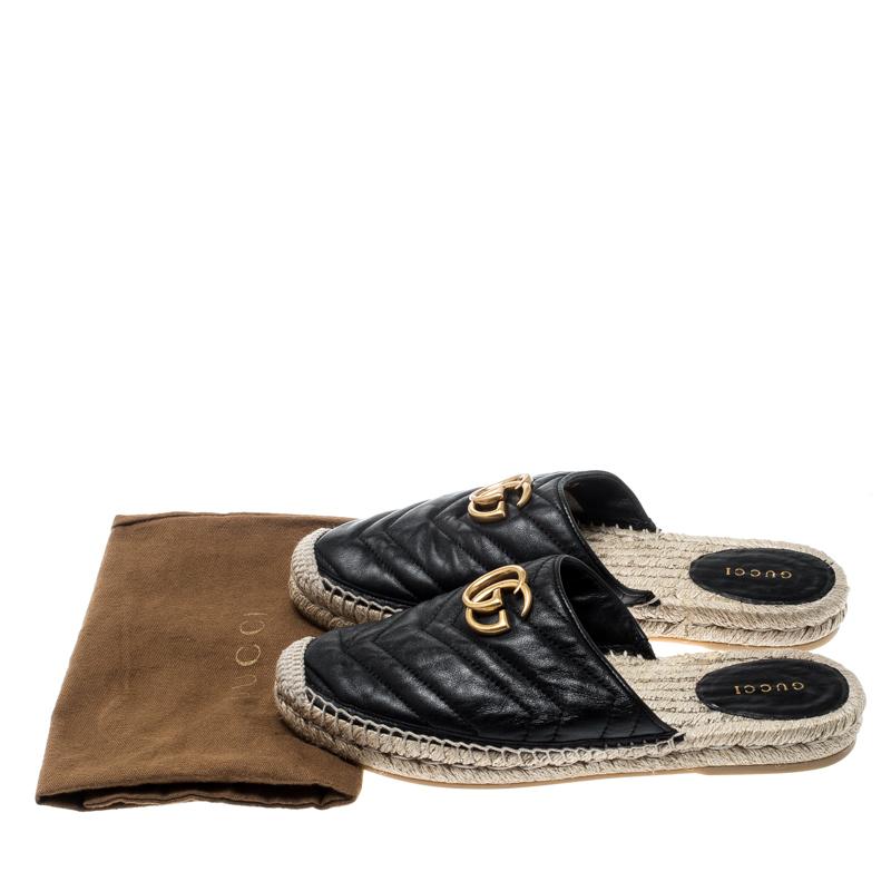 Gucci Black Chevron Quilt Leather Double G Flat Espadrilles Slides Size 37.5 4