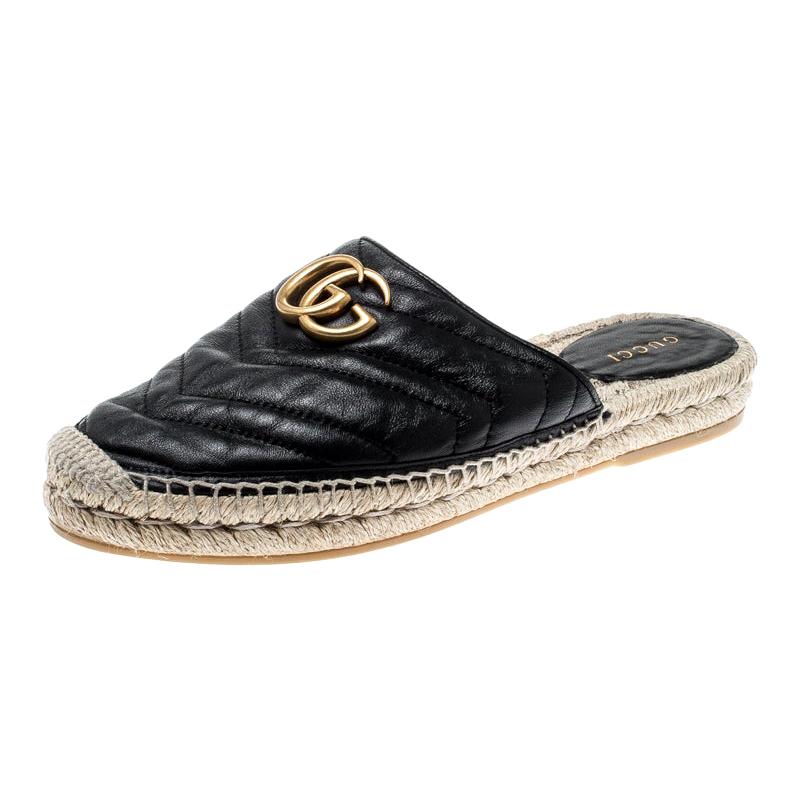 Gucci Black Chevron Quilt Leather Double G Flat Espadrilles Slides Size 37.5