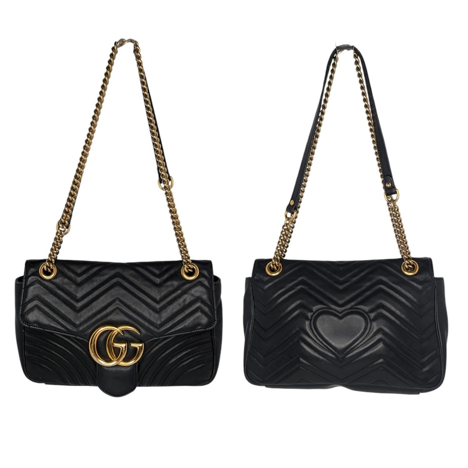 This gorgeous and softly structured Gucci Quilted Leather GG Marmont Medium Shoulder Bag is an ideal accessory! This particular bag features signature quilted leather with an interlocking G logo at the front flap and embroidered heart on the rear.