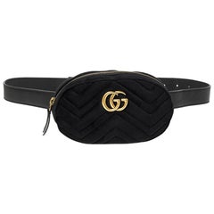 Gucci Black Chevron Velvet and Leather GG Marmont Belt Bag