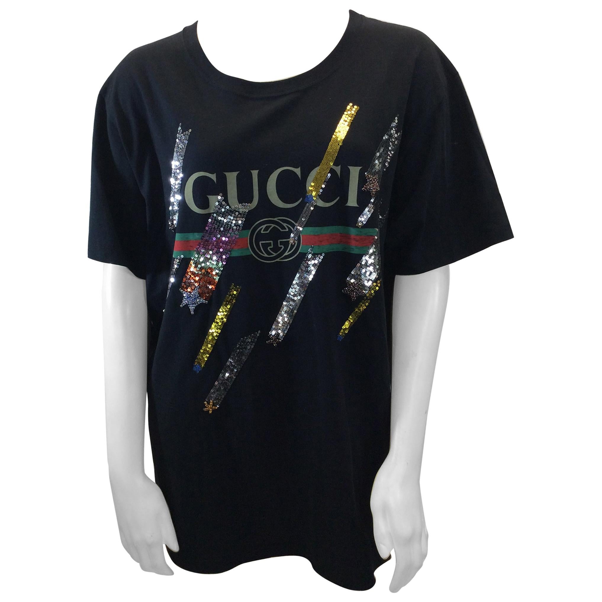 Gucci Black Classic Stripe T-Shirt with Sequin For Sale