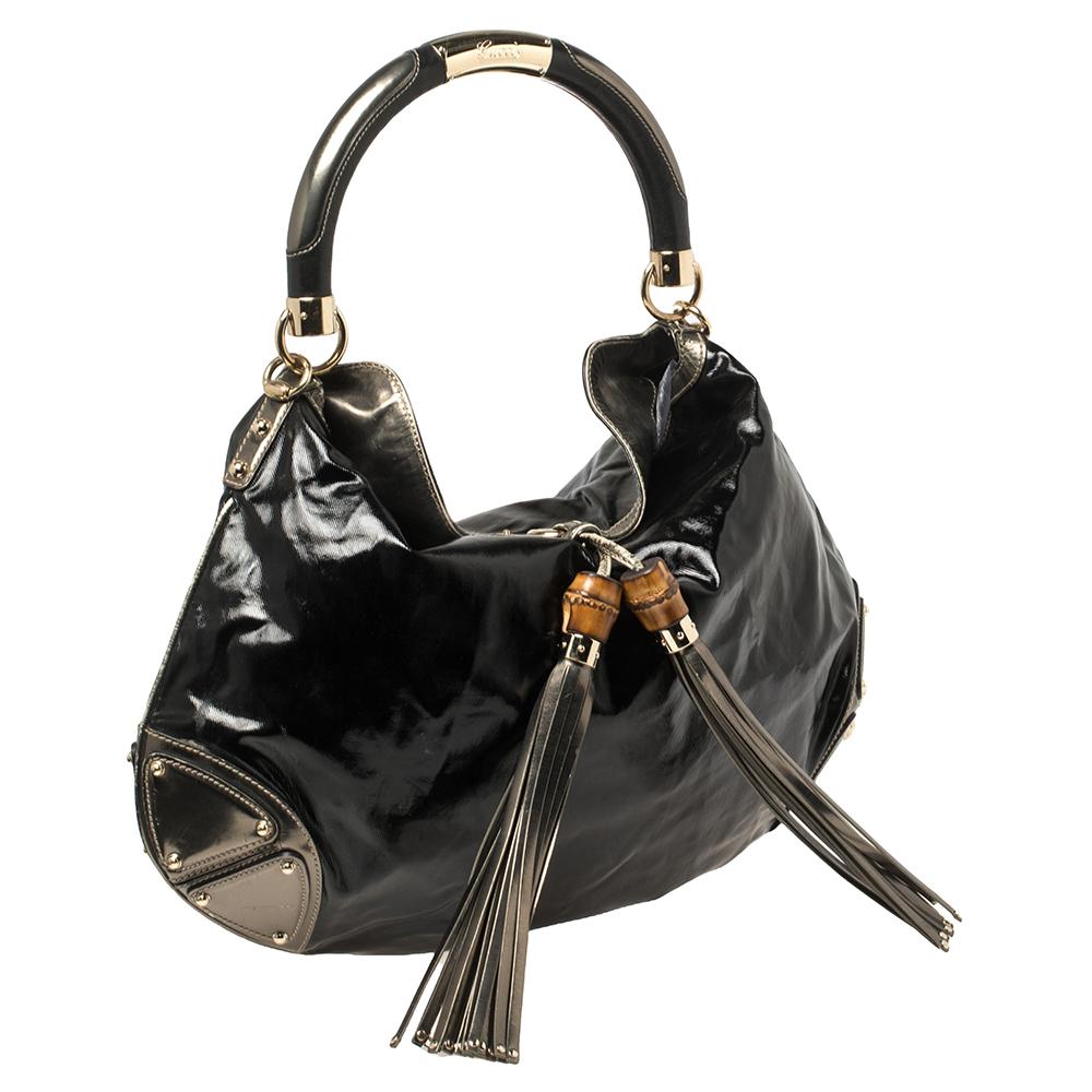 Gucci Black Coated Canvas and Leather Large Babouska Indy Hobo In Good Condition In Dubai, Al Qouz 2