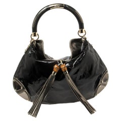 Gucci Schwarzes beschichtetes Segeltuch und Leder Große Babouska Indy Hobo
