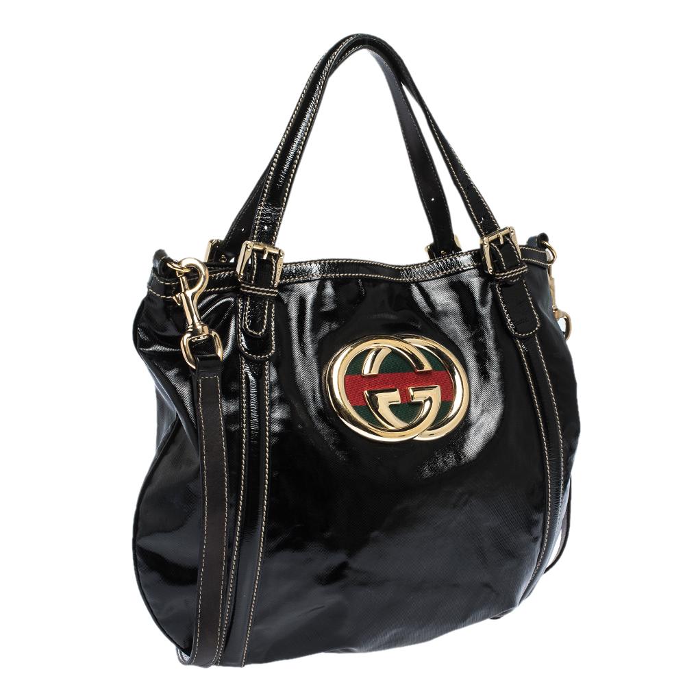 Women's Gucci Black Coated Canvas and Patent Leather Dialux Britt Hobo