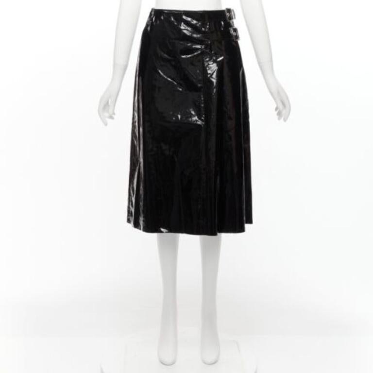 GUCCI black coated cotton vinyl silver buckle punk kilt pleated skirt IT38 XS For Sale 4
