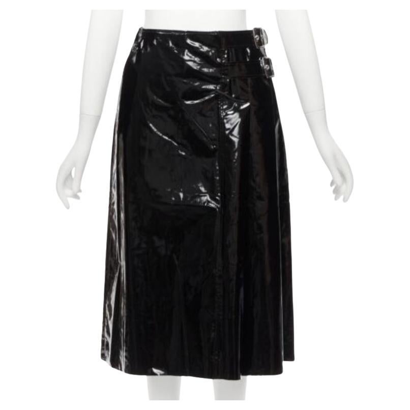GUCCI black coated cotton vinyl silver buckle punk kilt pleated skirt IT38 XS For Sale