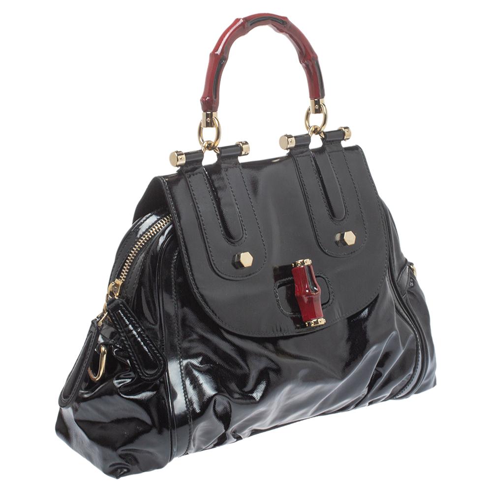 Gucci Black Coated Nylon and Patent Leather Dialux Pop Bamboo Top Handle Bag In Good Condition In Dubai, Al Qouz 2