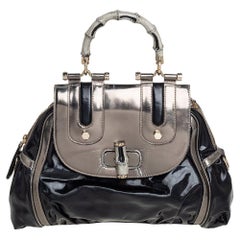 Gucci Black Coated Nylon and Patent Leather Dialux Pop Bamboo Top Handle Bag