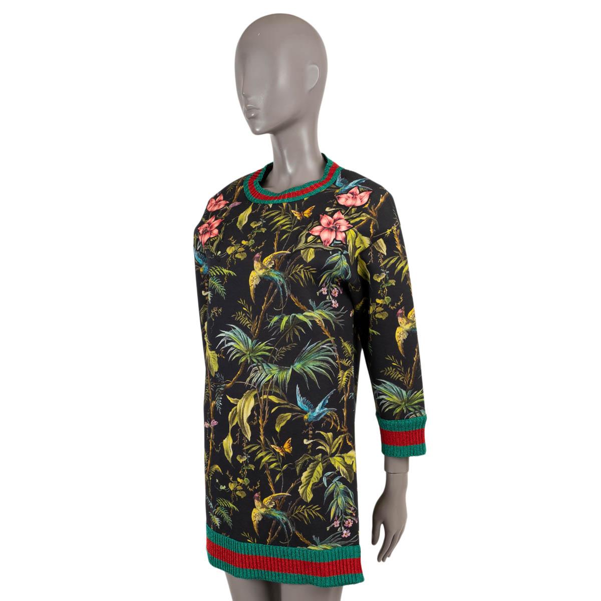 100% authentic Gucci knit dress in black cotton (100%). Features jungle-print and rib-knit web trims in red und lurex green. Has been worn and is in excellent condition. 

2016 Pre-Fall

Measurements
Tag Size	Missing
Size	S
Shoulder Width	54cm
