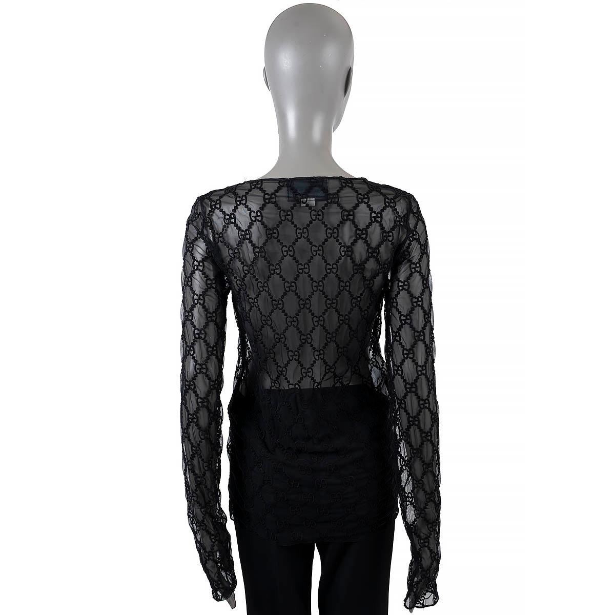 GUCCI black cotton 2020 GG EMBROIDERED MESH Top Shirt M In New Condition For Sale In Zürich, CH