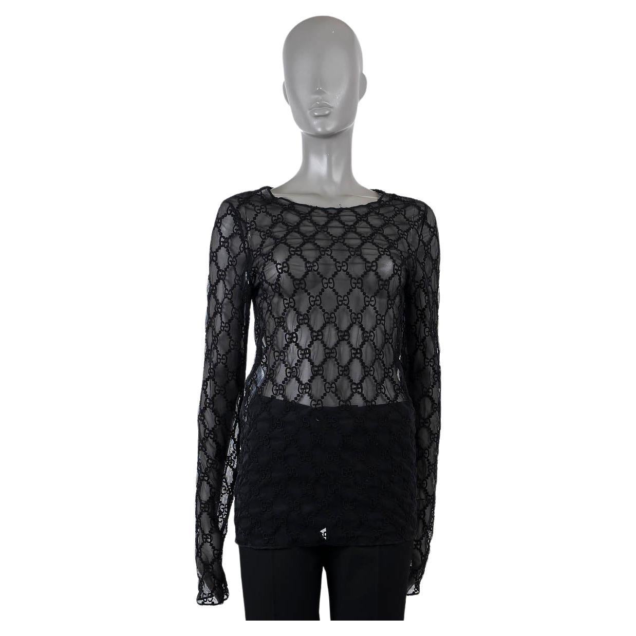 GUCCI black cotton 2020 GG EMBROIDERED MESH Top Shirt M For Sale