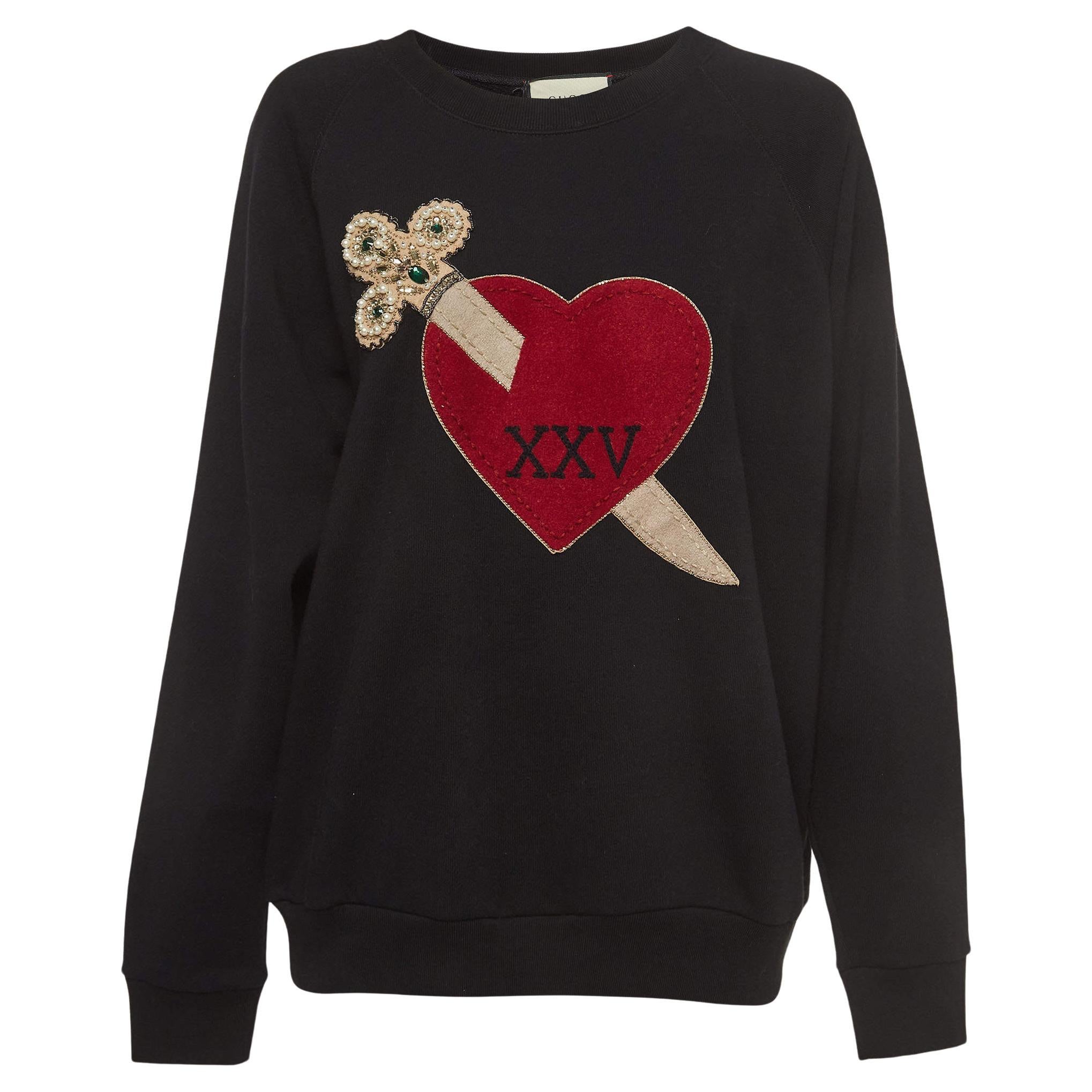 Gucci Dagger Heart Sweatshirt aus schwarzer Baumwolle mit Herzstickerei S im Angebot