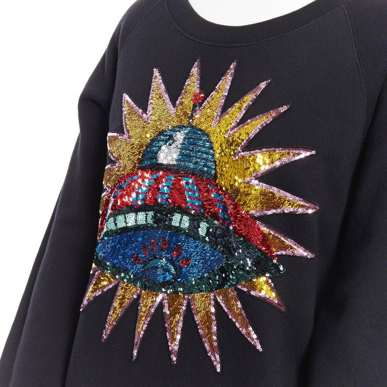 GUCCI black cotton jersey pullover sweater jumper sequin UFO Hollywood IT36  at 1stDibs