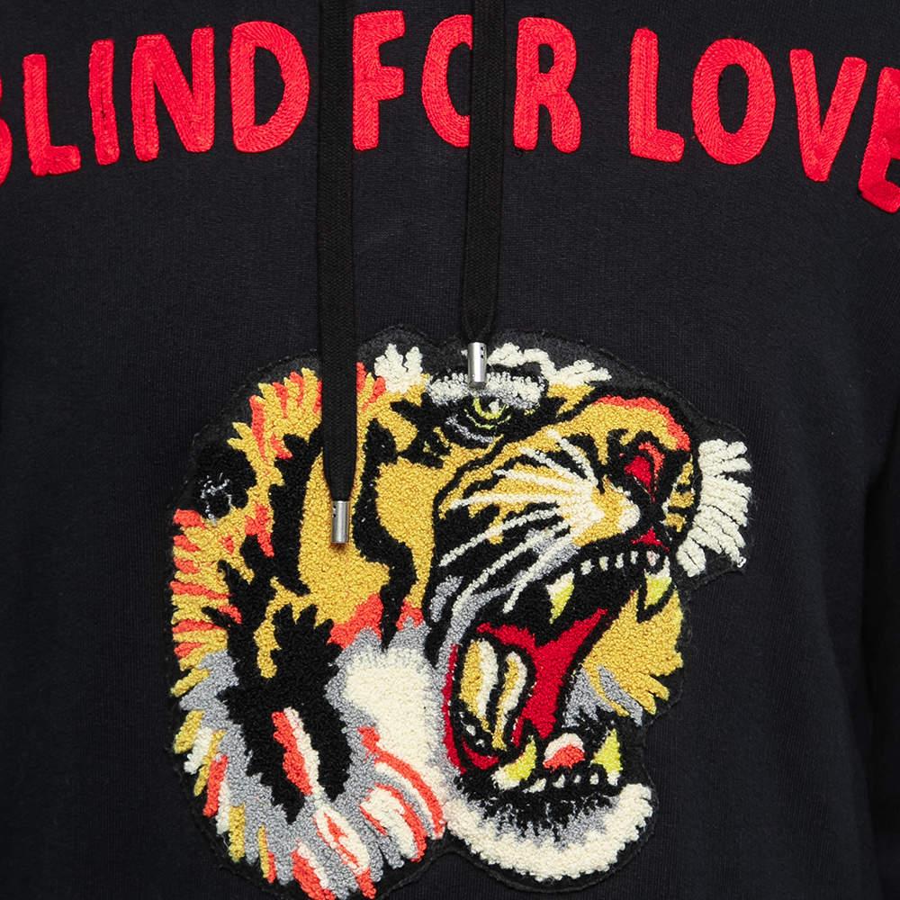 Gucci Black Cotton Knit Blind for Love Tiger Patch Hoodie L 2