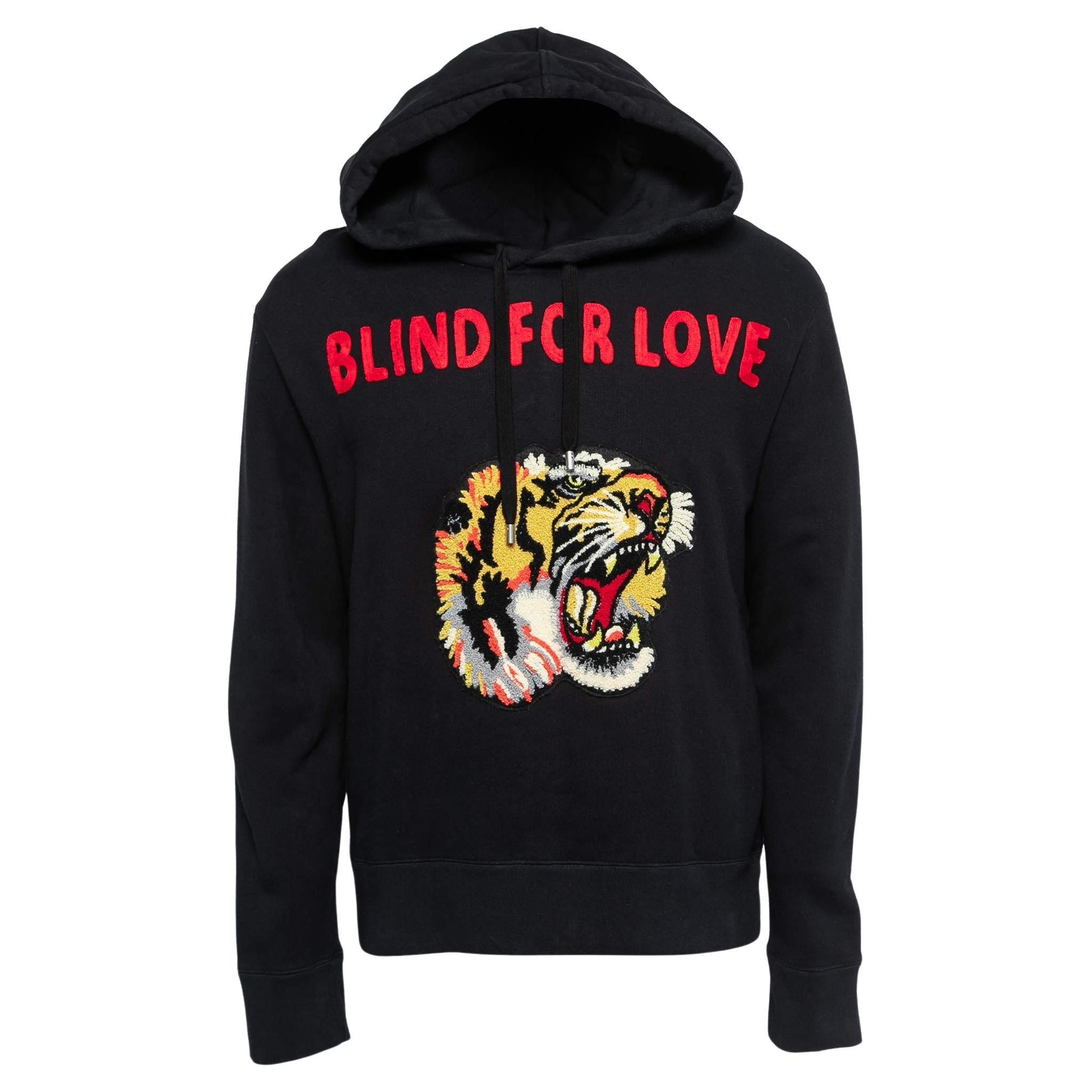 Gucci Black Cotton Knit Blind for Love Tiger Patch Hoodie L