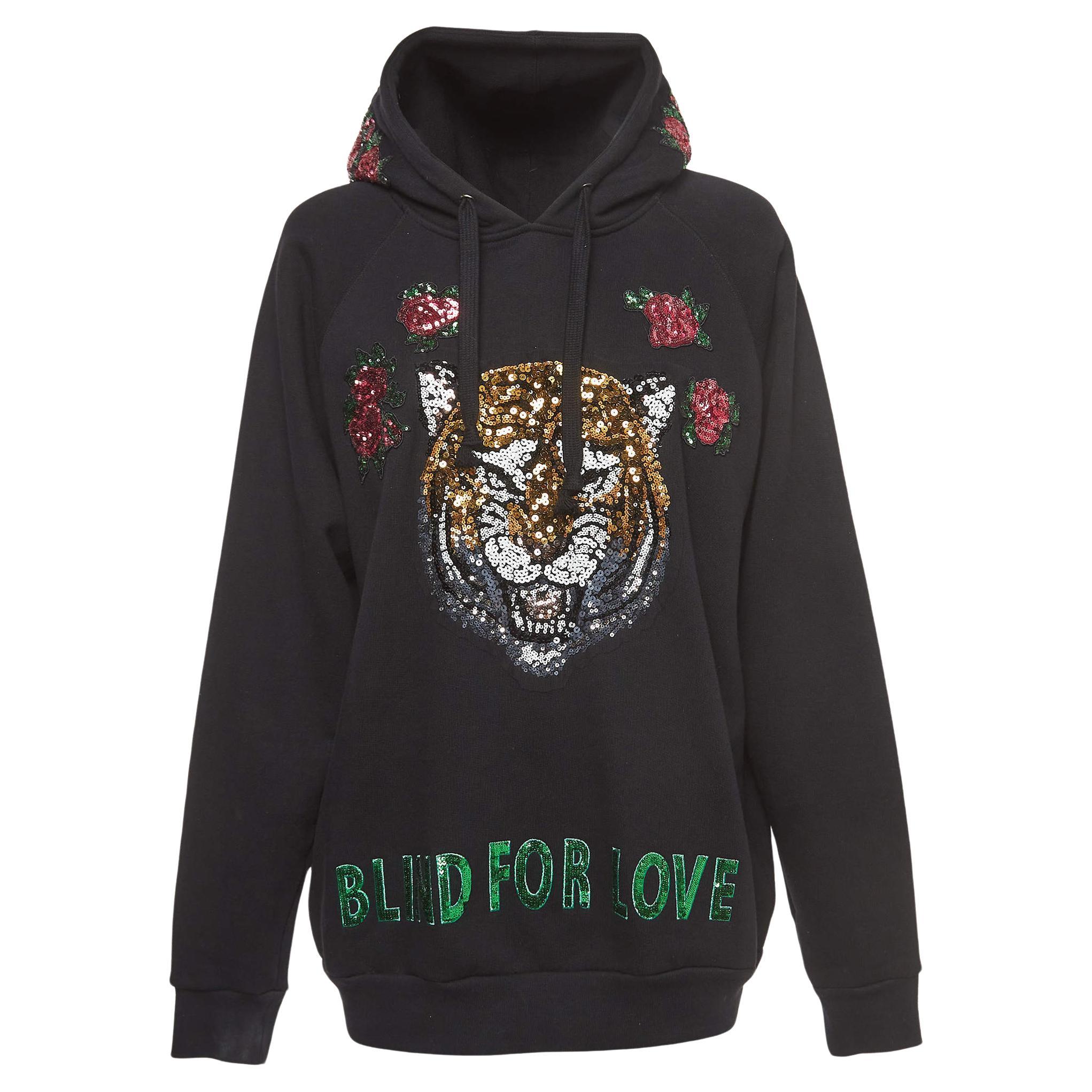 Gucci Black Cotton Knit Embroidered Hooded Sweatshirt M For Sale